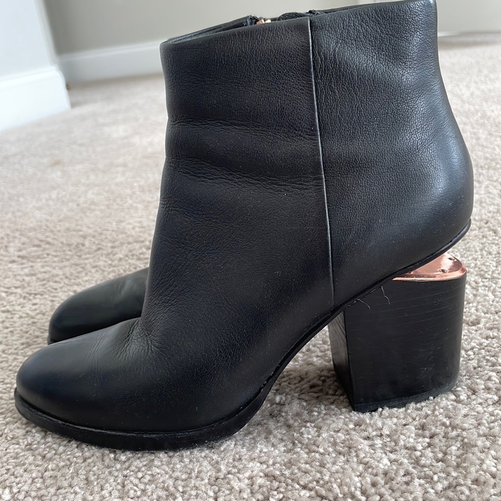 Alexander Wang “Gabi” Booties - Black Leather with Rose Gold tilt heel, Size 7.5